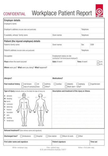 Workplace Patient Report A5 Forms- 10 pack (1 book)